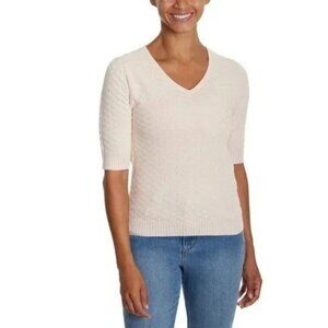 NEW Ella Moss Women's L Honeycomb Textured V-Neck Sweater Beige Short Sleeve